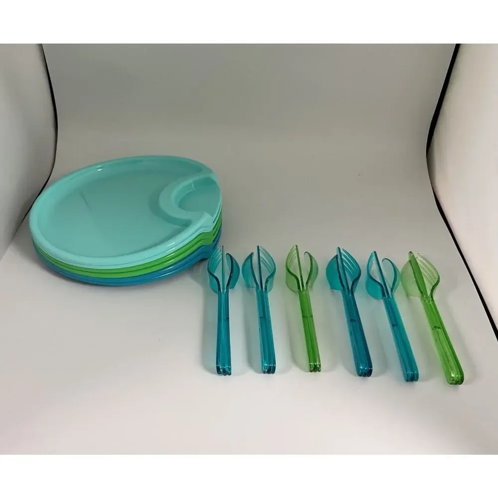 Pampered Chef 10” Outdoor Party Plate Set of 6 + Flatware‎ Picnic Cookout BBQ